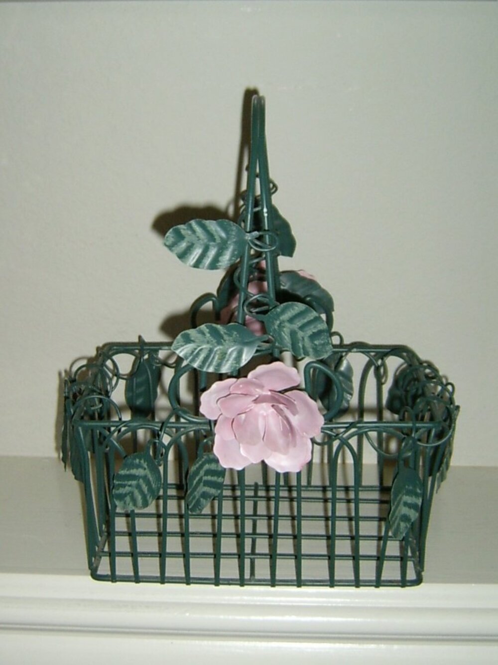 Vintage Basket, Wire Frame with Leaves and Roses. Home Decor